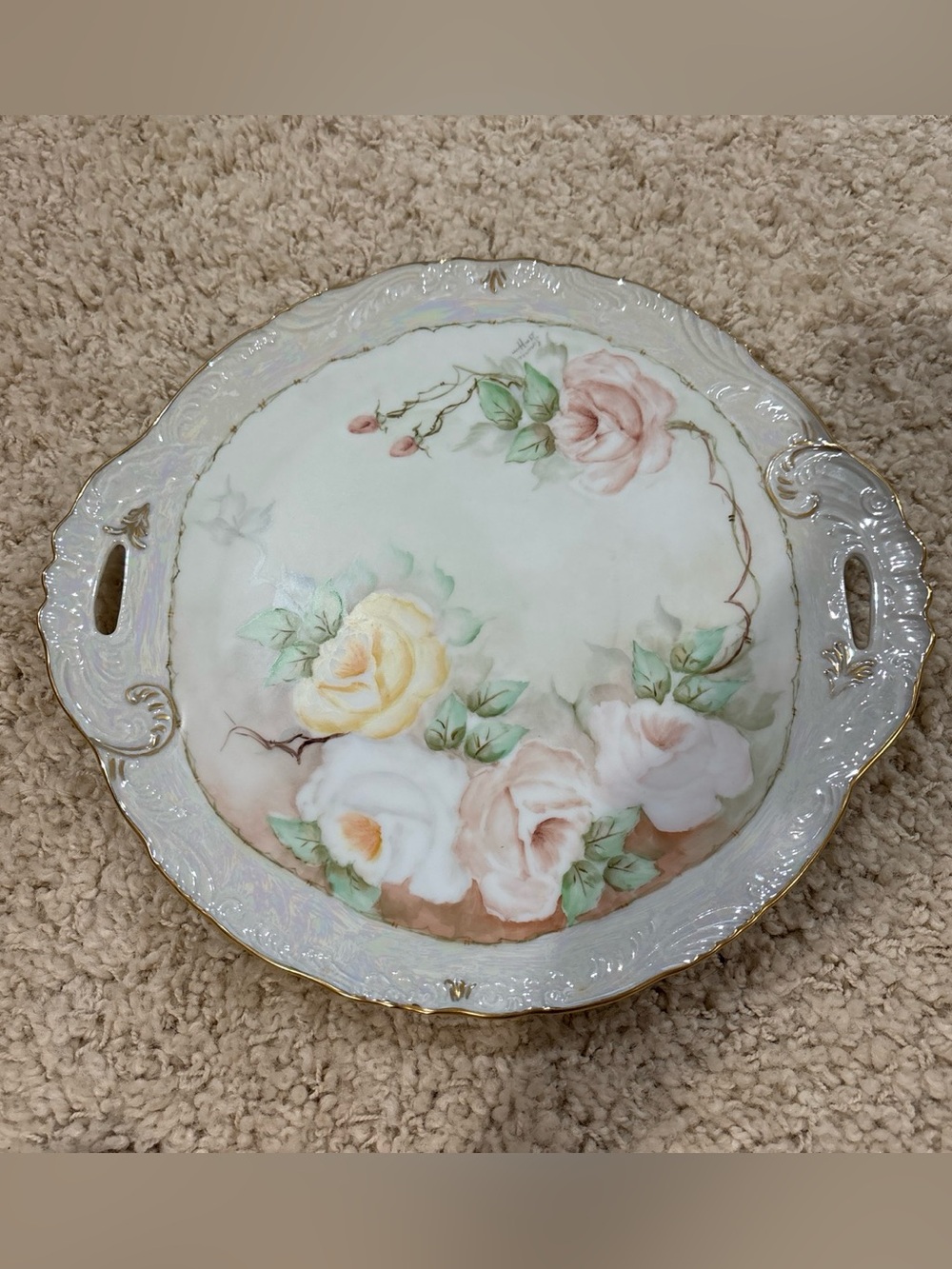 Antique 1910s Vintage Hand Painted Porcelain Serving Plate Roses Gold Trim 12”